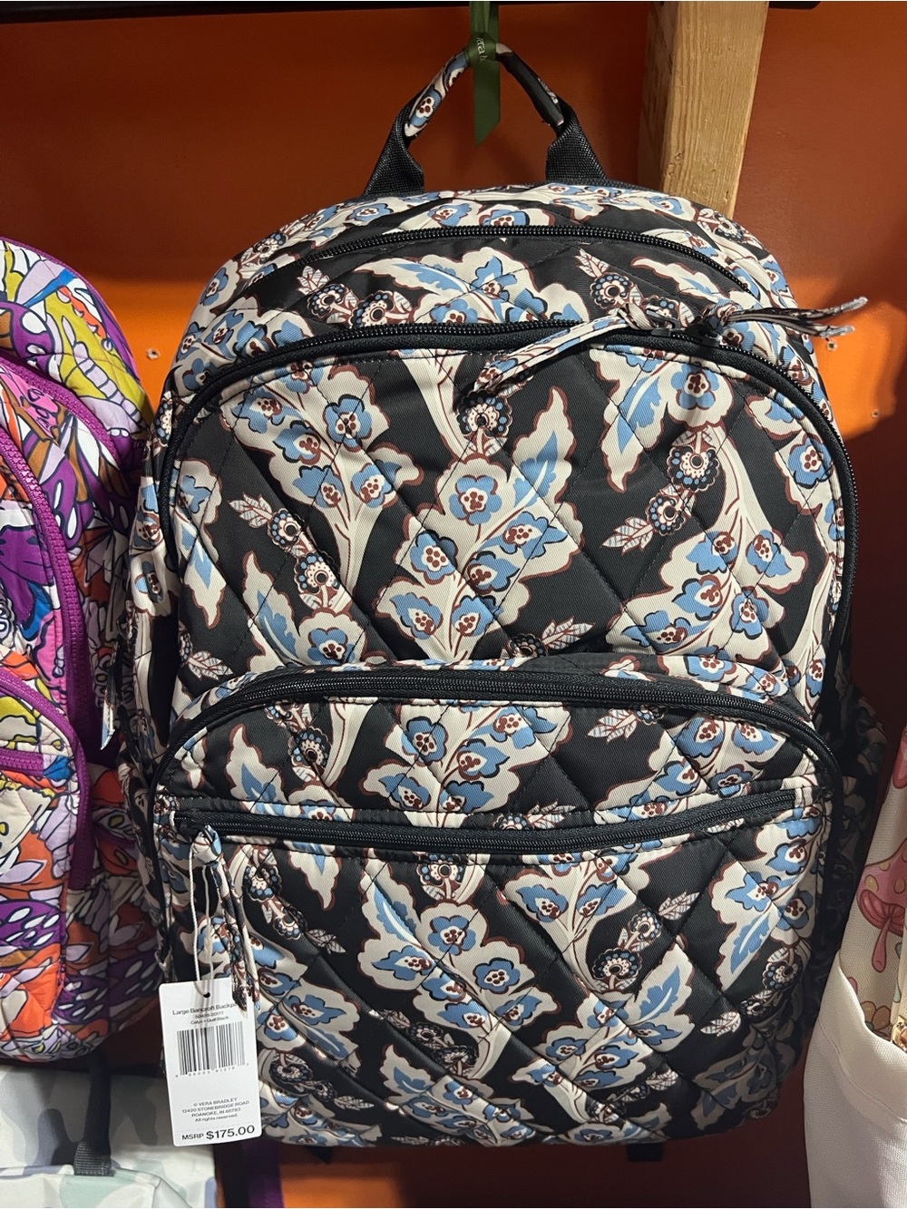 Vera Bradley Quilted Floral Backpack in Black, Light Blue, Cream